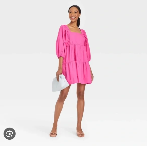 Women's Short Sleeve A-Line Dress - A New Day Pink S